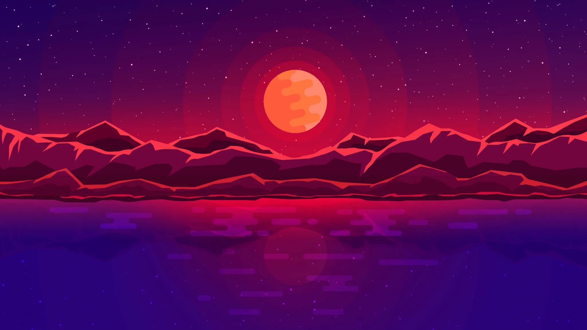 moon-rays-red-space-sky-abstract-mountains